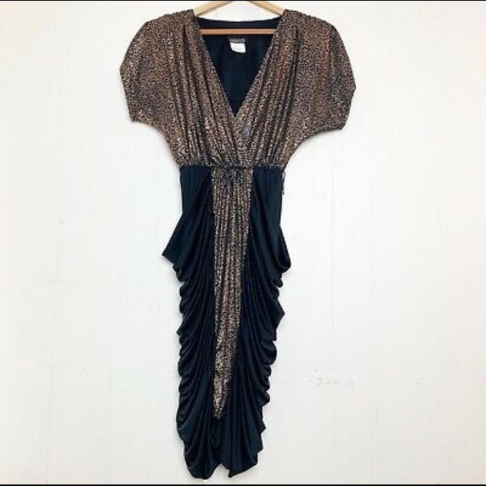 80's Vintage Gold & Black Metallic Cocktail Dress!